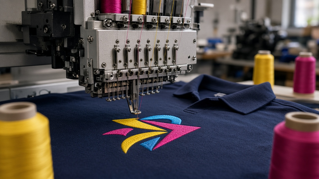 Embroidered logo being stitched on a garment