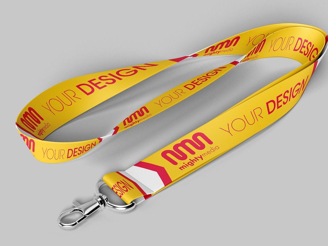 Yellow sublimated lanyard printed with the Mighty Media logo and YOUR DESIGN, with a metal clip (product mockup)