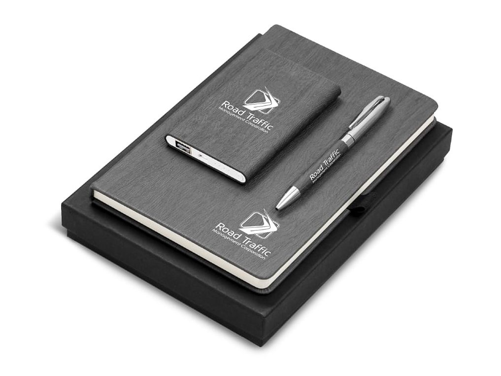 Executive gift set in a black box: notebook, power bank and pen with Road Traffic Management Corporation branding
